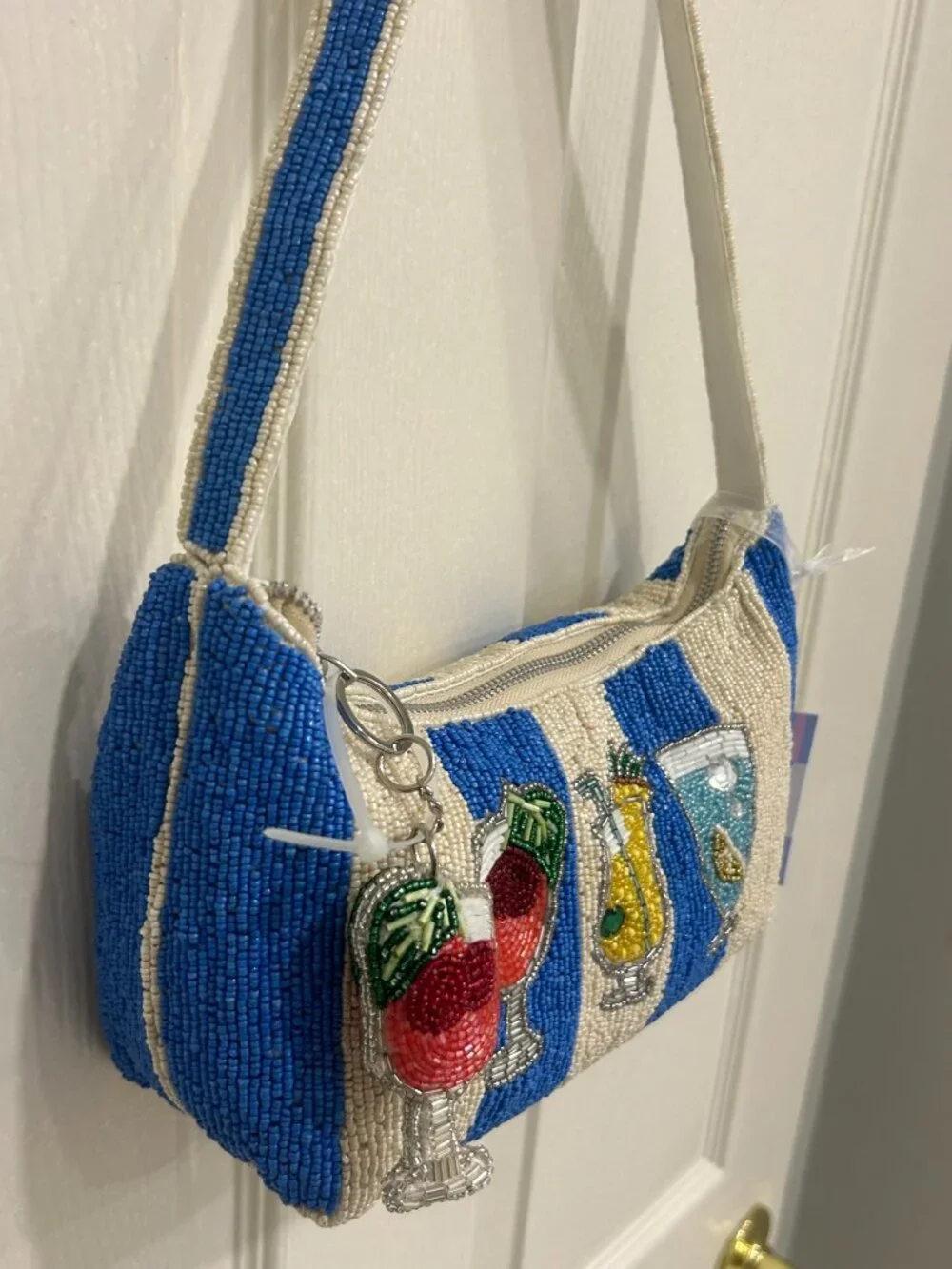 Beaded Bag Cocktails Drinks Blue White Striped Handcrafted in India w Charm